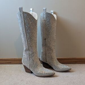 Sparkling Silver Over-the-Knee Western Boots - Women's Fashion